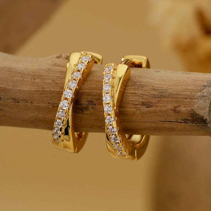“Luxe Curve” 925 Sterling Silver Pavé Crossover Huggie Earrings