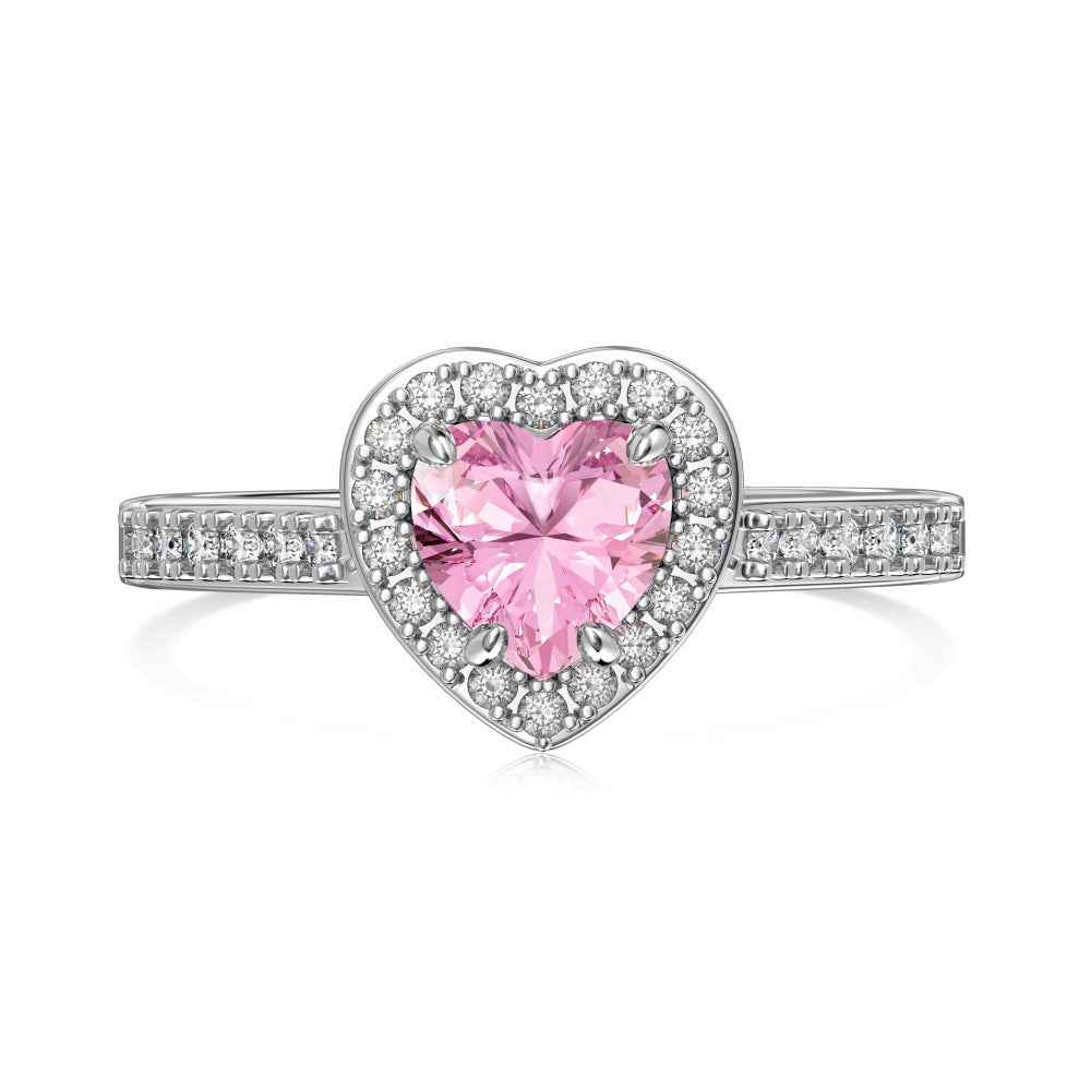 “Halo Blossom Heart” 925 Sterling Silver Pink Heart Halo Ring