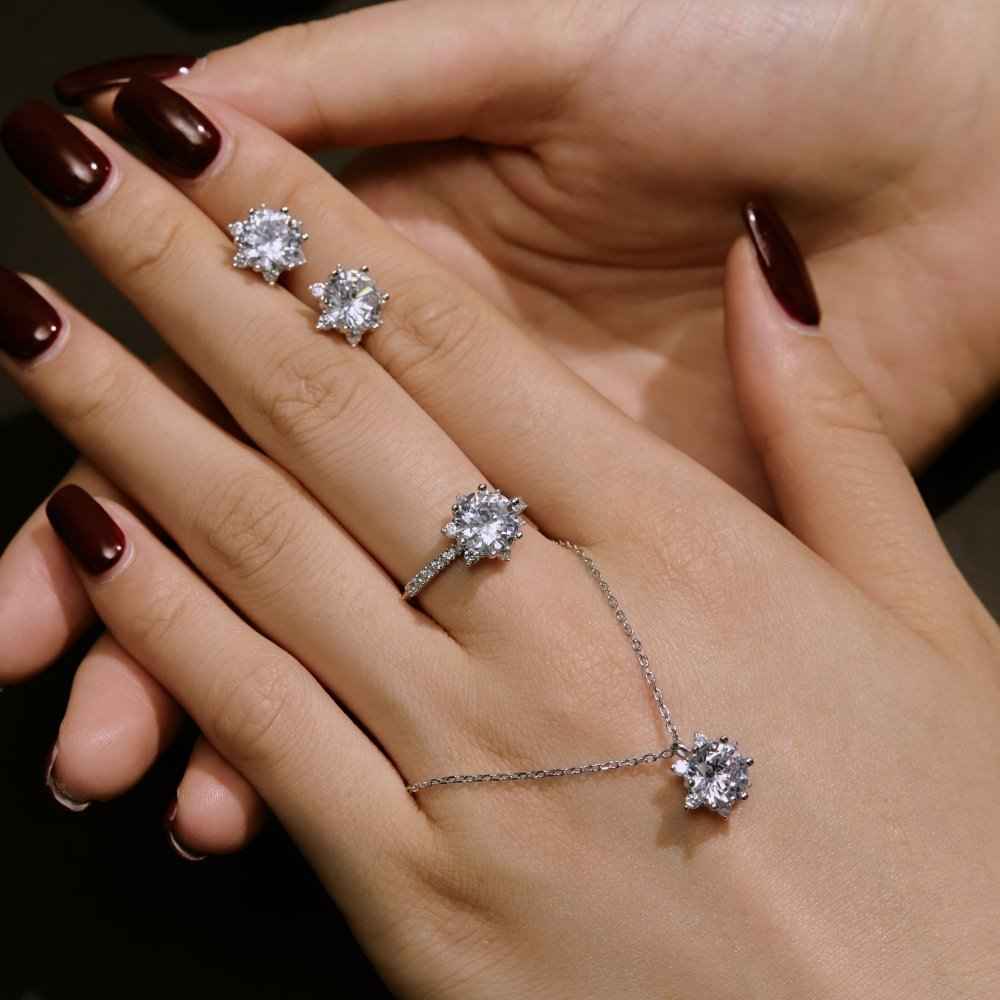 “Camellia Lumière” S925 Sterling Silver Pavé Camellia Jewelry Set (Necklace, Earrings & Ring)