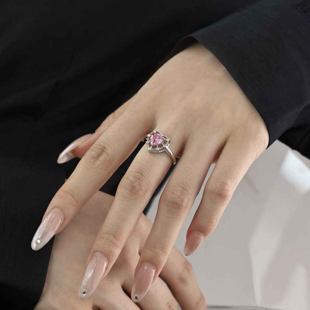 “Fairy Lace Heart” 925 Sterling Silver Pink Heart Halo Ring