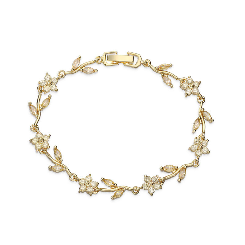 “Camellia Vine” Gold-Tone Brass Multicolor Zircon Flower Bracelet
