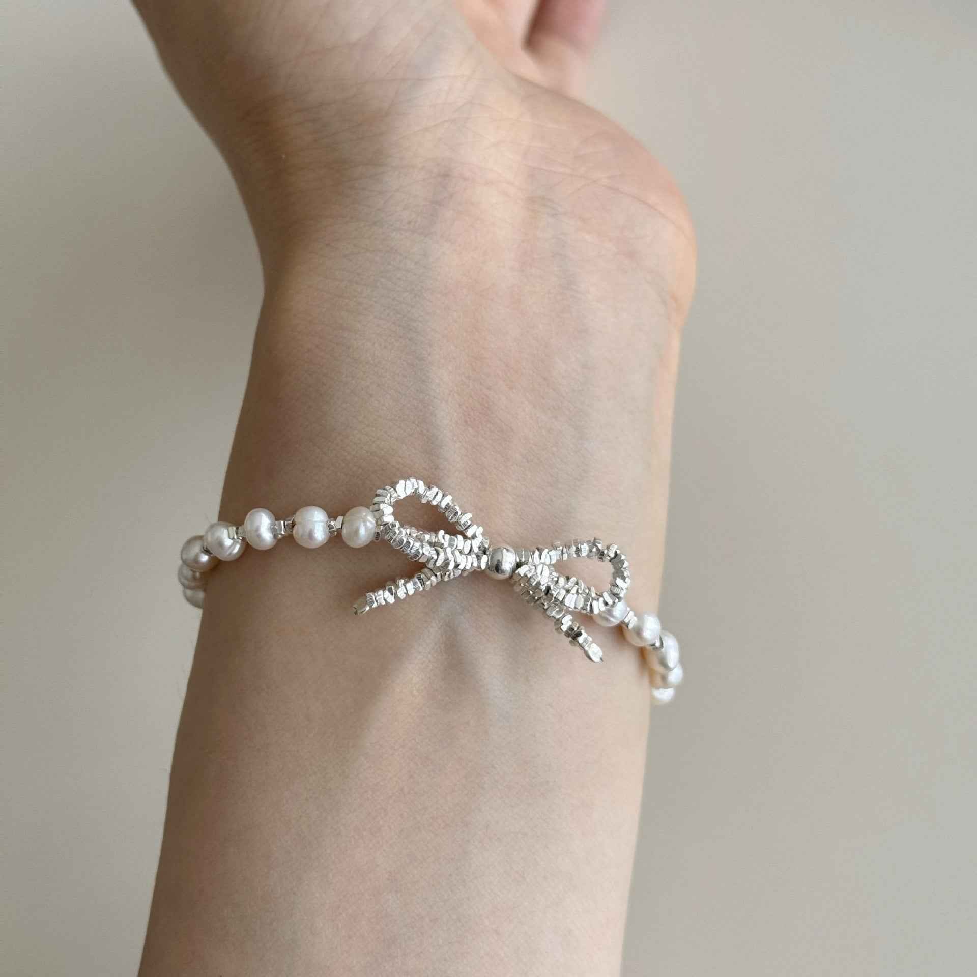 "Sweet Pearl Bow" 925 Sterling Silver Fragmented Chain Bracelet