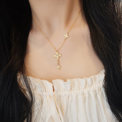 “Golden Clover Cascade” S925 Sterling Silver Clover Necklace