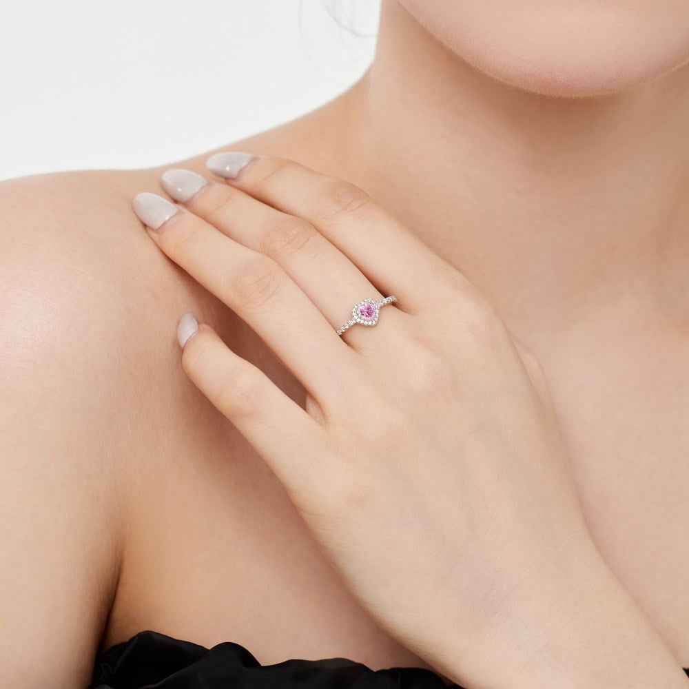 “Twilight Double Heart” 925 Sterling Silver Pink Halo Ring