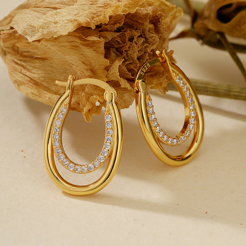 “Dual Arc Glow” 925 Sterling Silver Pavé Double-U Huggie Earrings