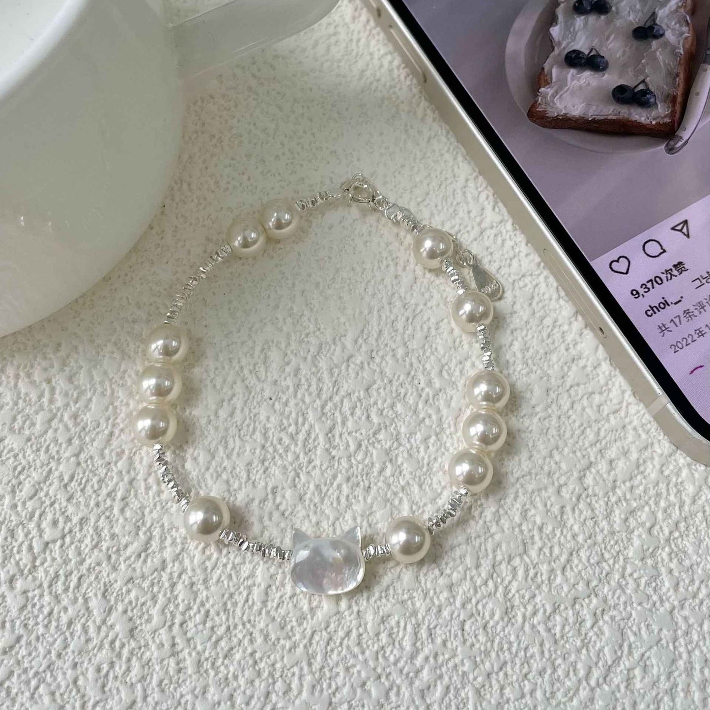 “Luna Kitty” S925 Sterling Silver Cat Pearl Beaded Bracelet