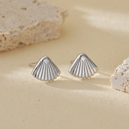 “Seaside Shell” S925 Sterling Silver Fan-Shaped Stud Earrings