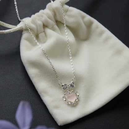 "Heart Bow" 925 Sterling Silver Necklace with Pink Natural Crystal and 5A Zircon - Delicate and Unique