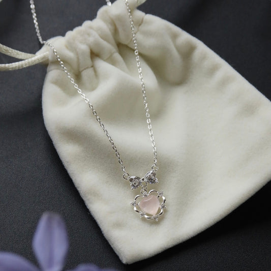 "Heart Bow" 925 Sterling Silver Necklace with Pink Natural Crystal and 5A Zircon - Delicate and Unique