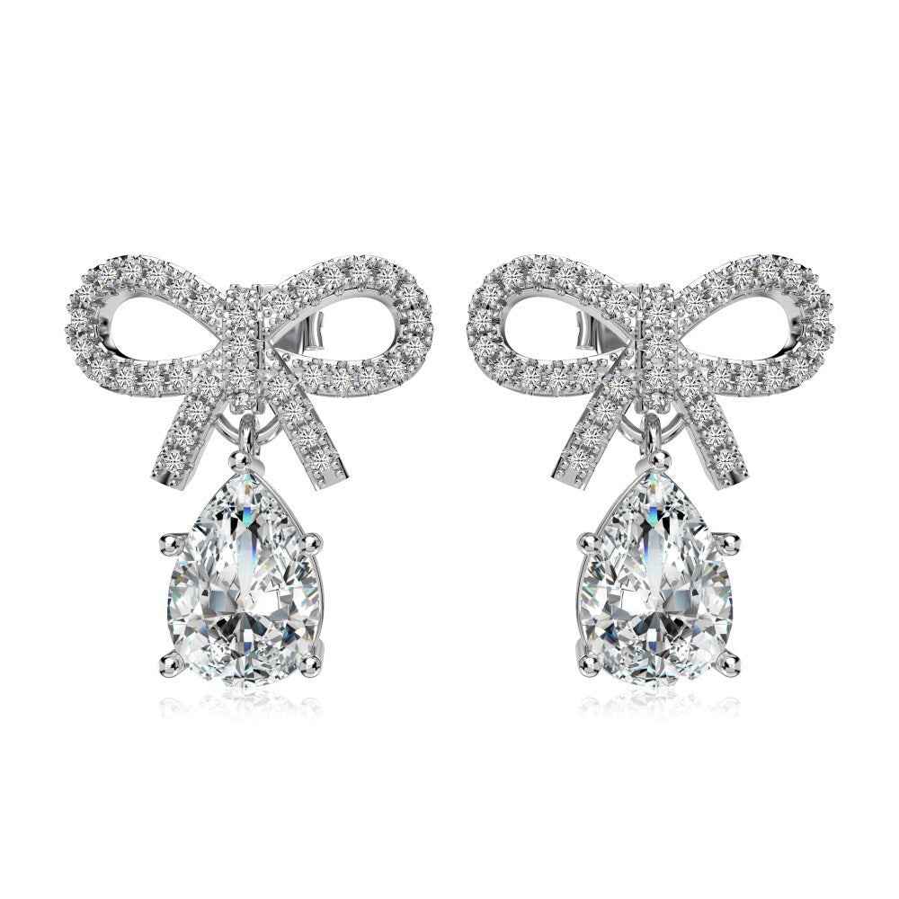 “Bow Elegance” 925 Sterling Silver Pear-Cut Drop Bow Earrings