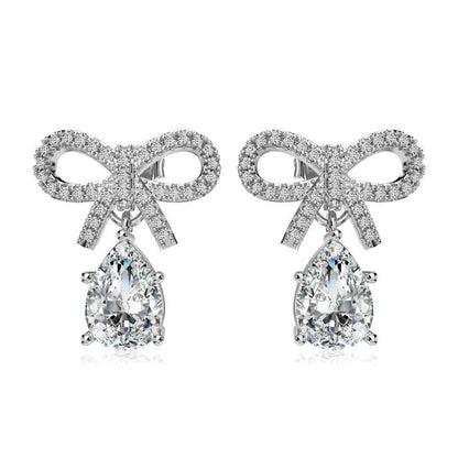 “Bow Elegance” 925 Sterling Silver Pear-Cut Drop Bow Earrings