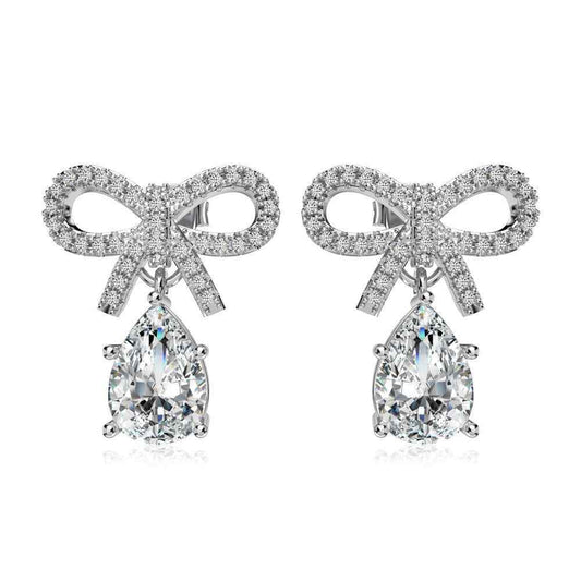 “Bow Elegance” 925 Sterling Silver Pear-Cut Drop Bow Earrings