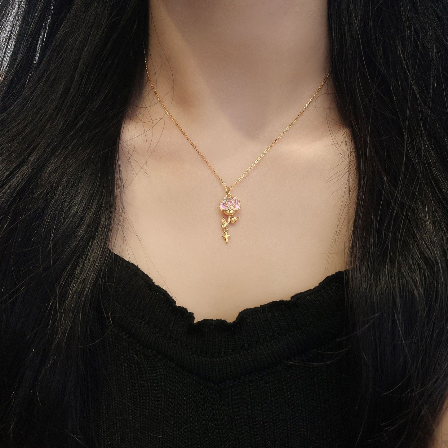 “Velour Rose” S925 Sterling Silver Pink Rose Pendant Necklace