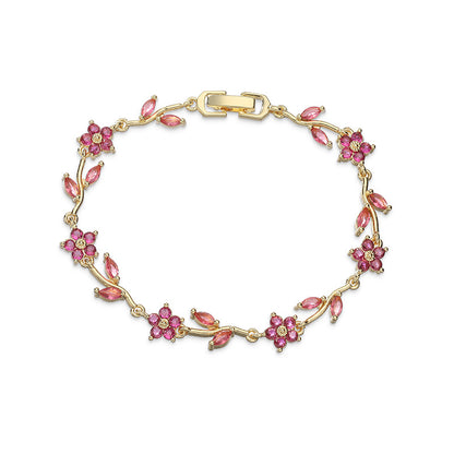 “Camellia Vine” Gold-Tone Brass Multicolor Zircon Flower Bracelet