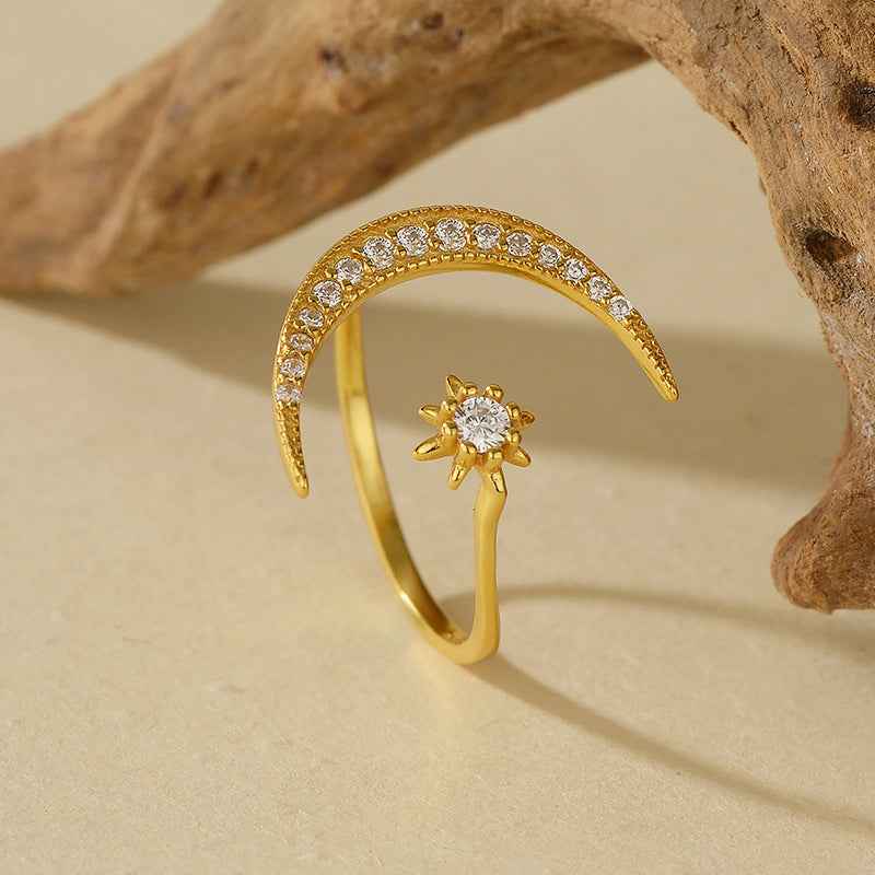 “Starlit Embrace” 925 Sterling Silver Moon & Star Adjustable Ring