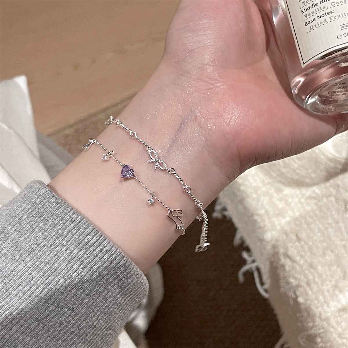 “Bunny Charm Heart” 925 Sterling Silver Sweet Lavender Zircon Bracelet