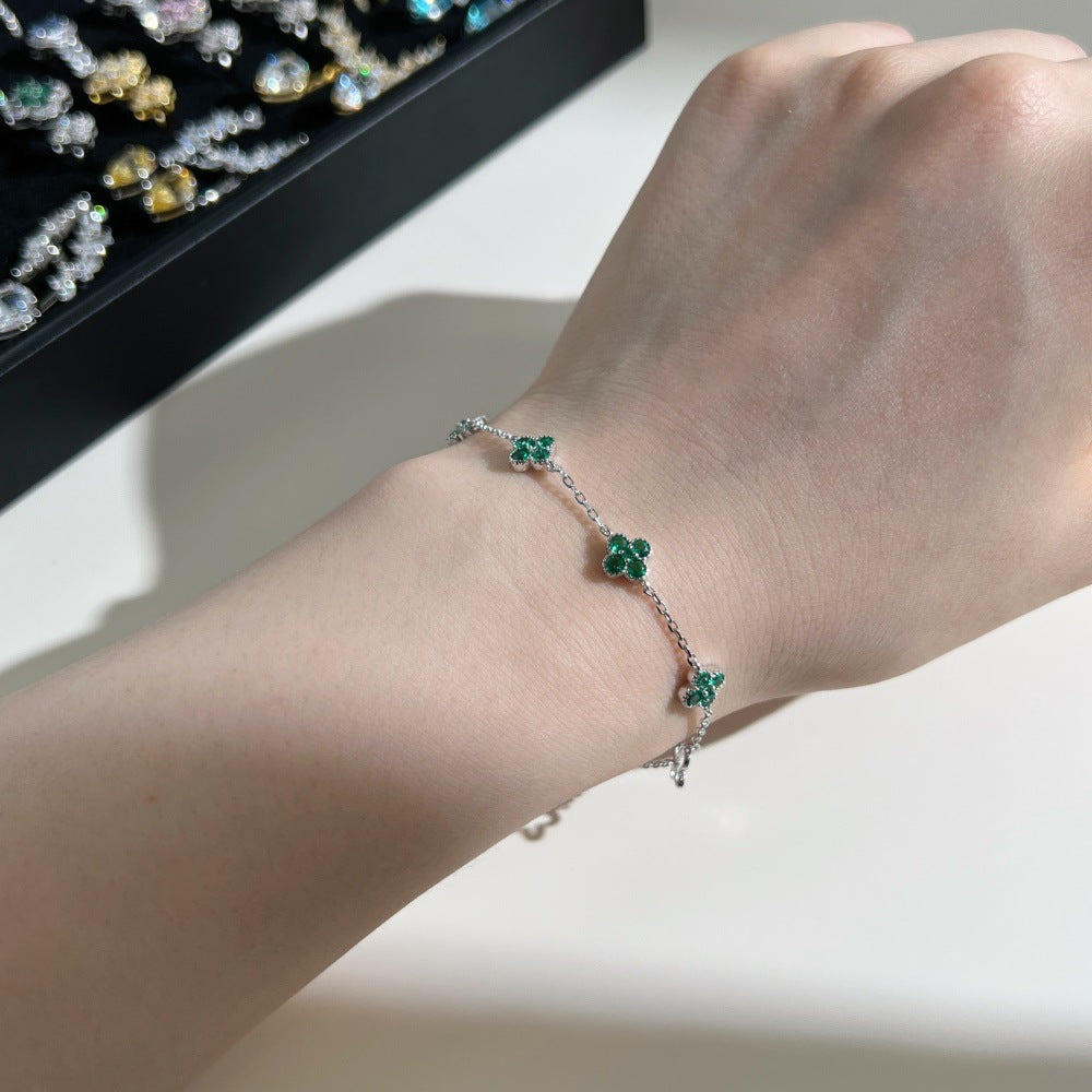 “Lucky Clover Waltz” 925 Sterling Silver Clover Zircon Bracelet