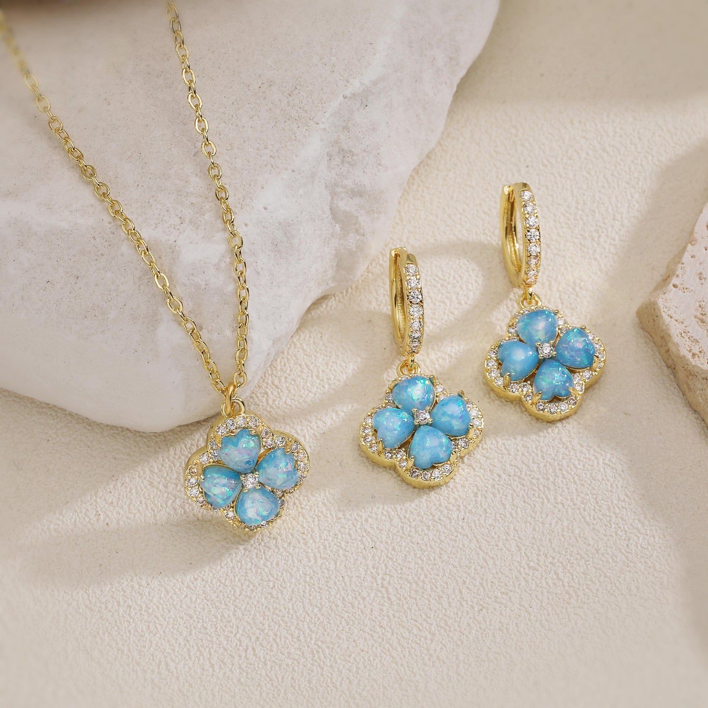 “Clover Bloom” Gold-Tone Brass Colorful Zircon Clover Jewelry Set