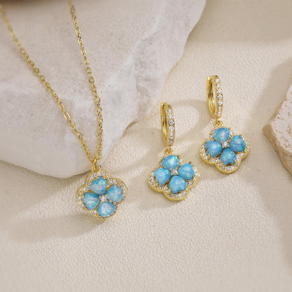 “Clover Bloom” Gold-Tone Brass Colorful Zircon Clover Jewelry Set
