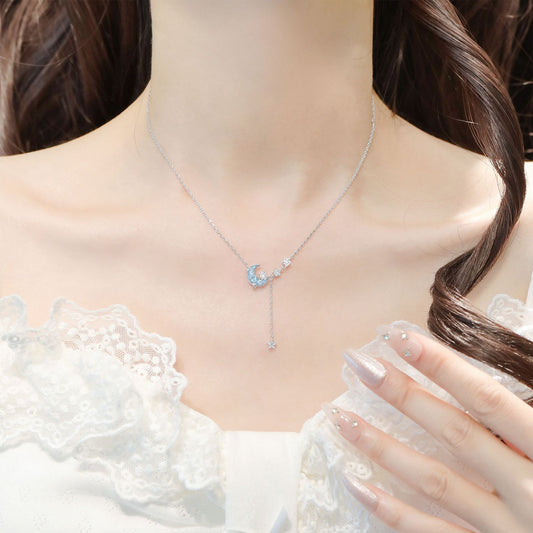 “Moonlit Aurora” S925 Sterling Silver Blue Moon Star Tassel Jewelry Set