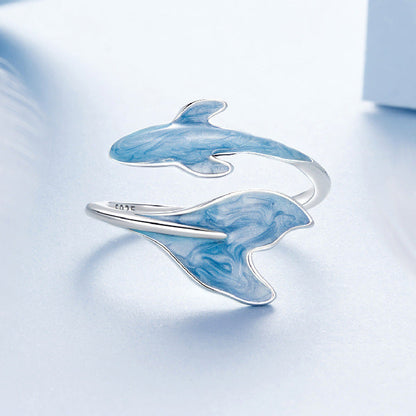 “Azure Dolphin” S925 Sterling Silver Enamel Open Ring