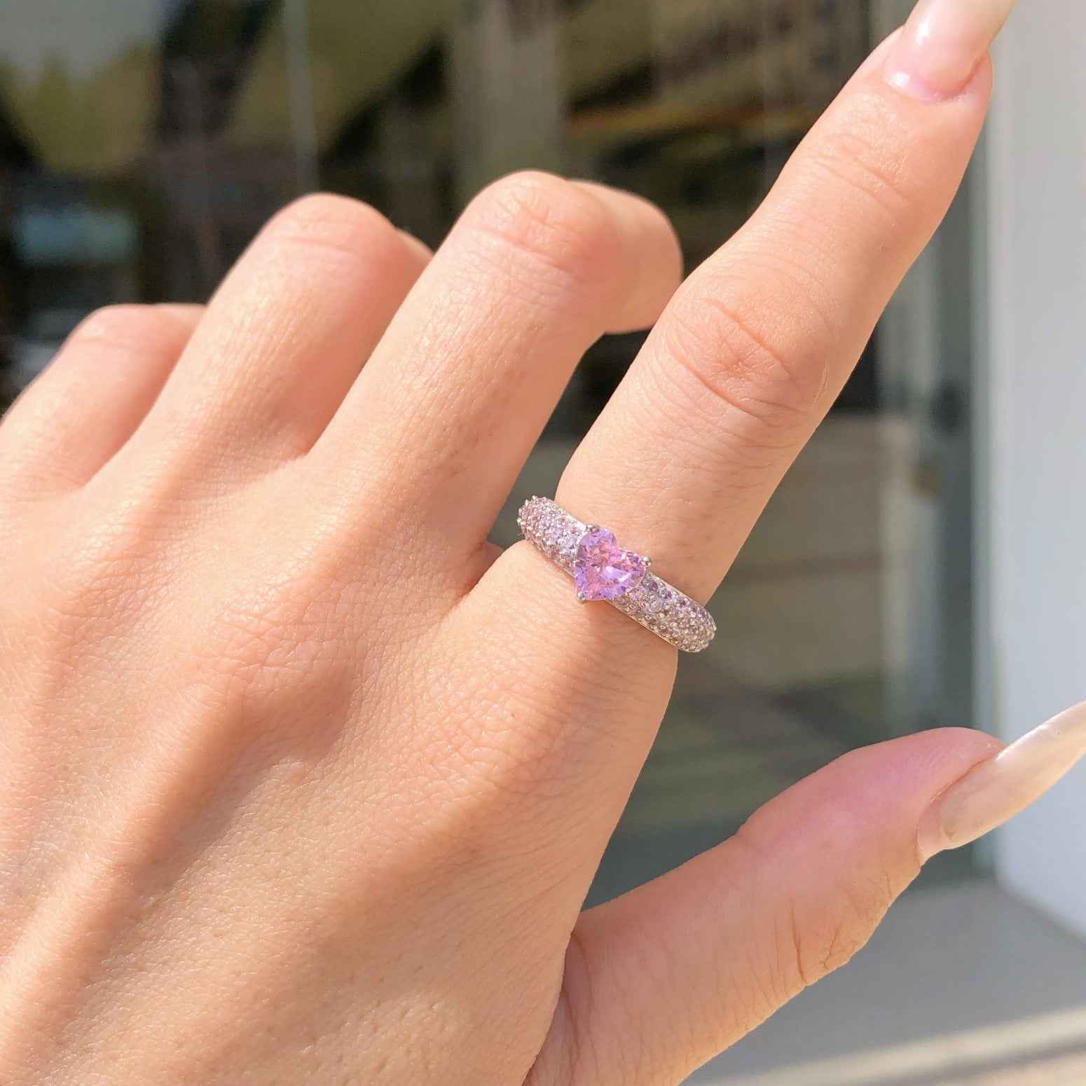 “Rosy Glimmer” 925 Sterling Silver Pink Pavé Heart Ring