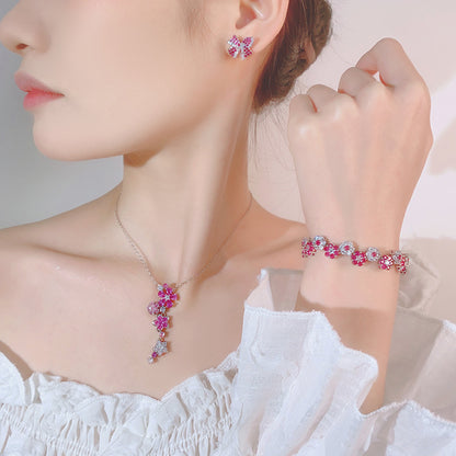 “Ruby Bloom” Brass Ruby Zircon Flower Jewelry Set