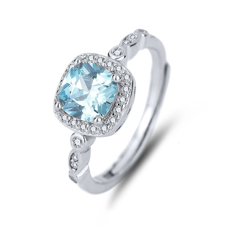 “Ocean Lumière” 925 Sterling Silver Blue Zircon Halo Jewelry Set