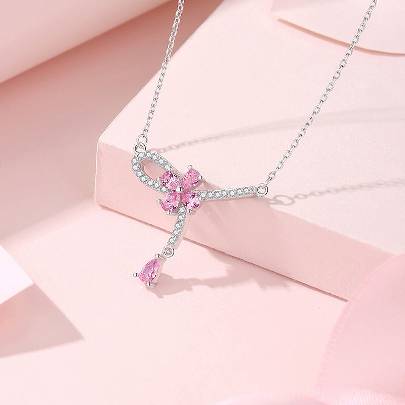 “Pink Petal Tassel” S925 Sterling Silver Floral Pendant Necklace