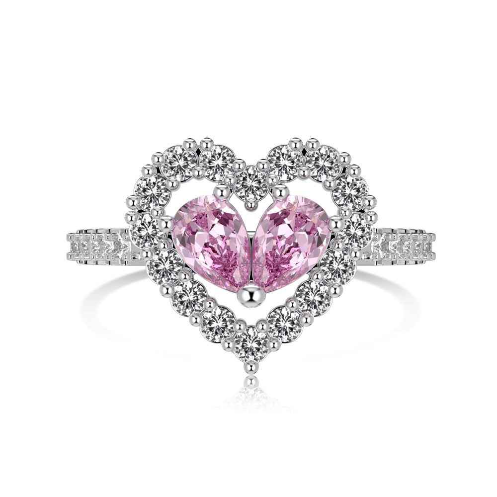 “Twin Blush Halo” 925 Sterling Silver Pink Double-Heart Ring