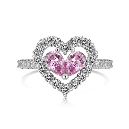 “Twin Blush Halo” 925 Sterling Silver Pink Double-Heart Ring