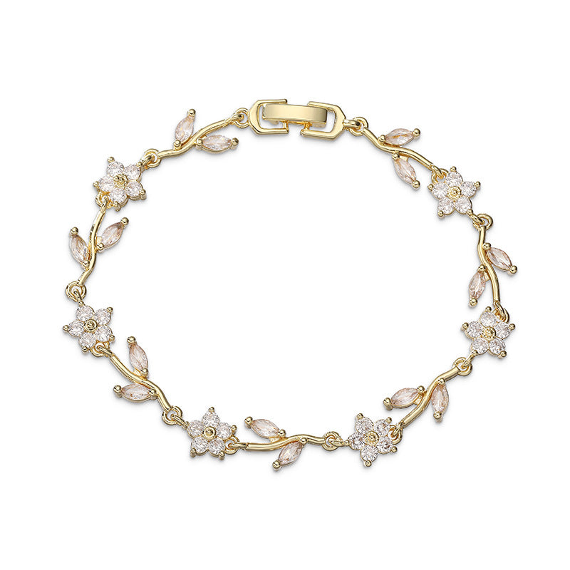“Camellia Vine” Gold-Tone Brass Multicolor Zircon Flower Bracelet