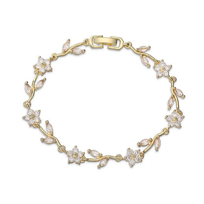 “Camellia Vine” Gold-Tone Brass Multicolor Zircon Flower Bracelet