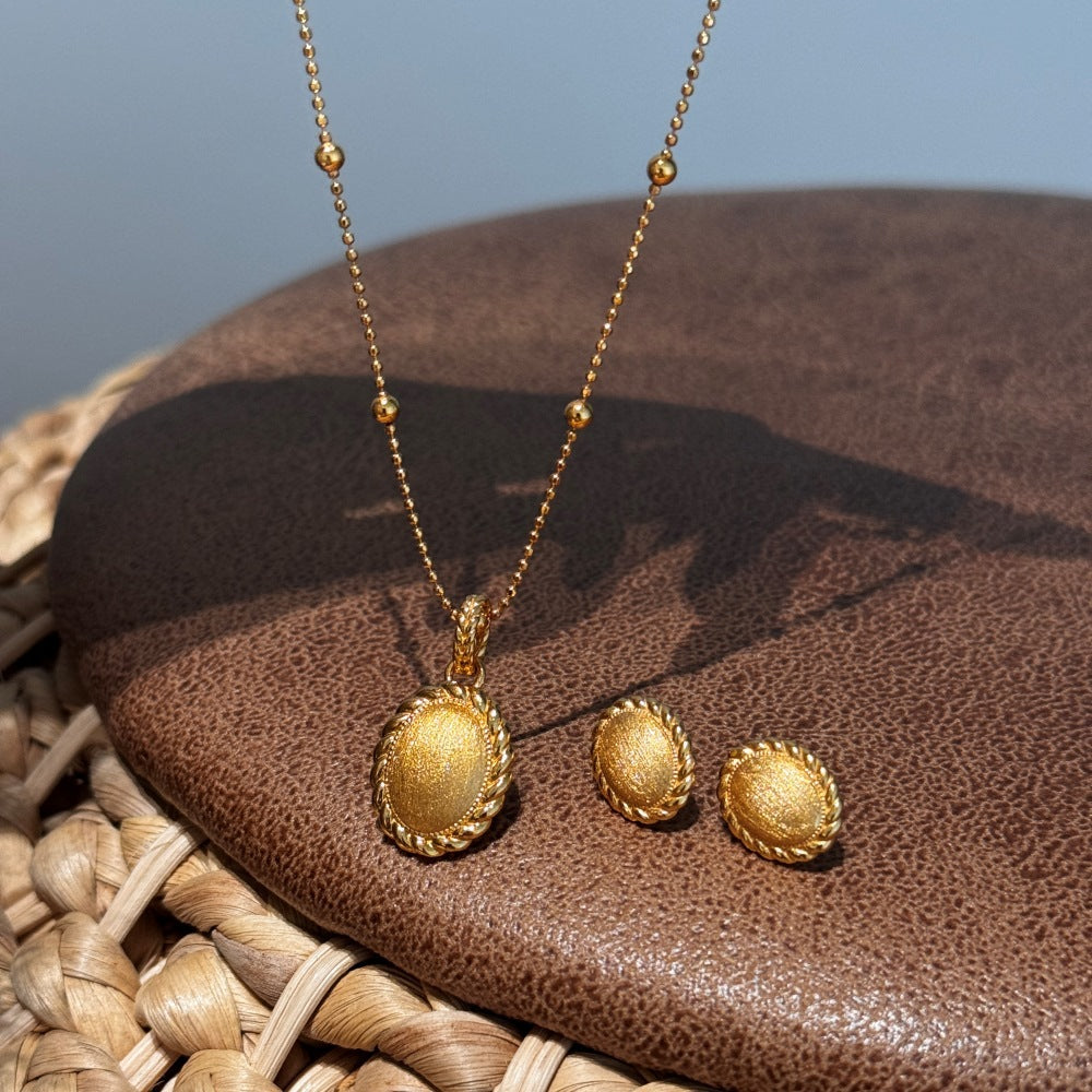 "Golden Weave" 925 Sterling Silver Brushed Oval Necklace & Stud Earring Set
