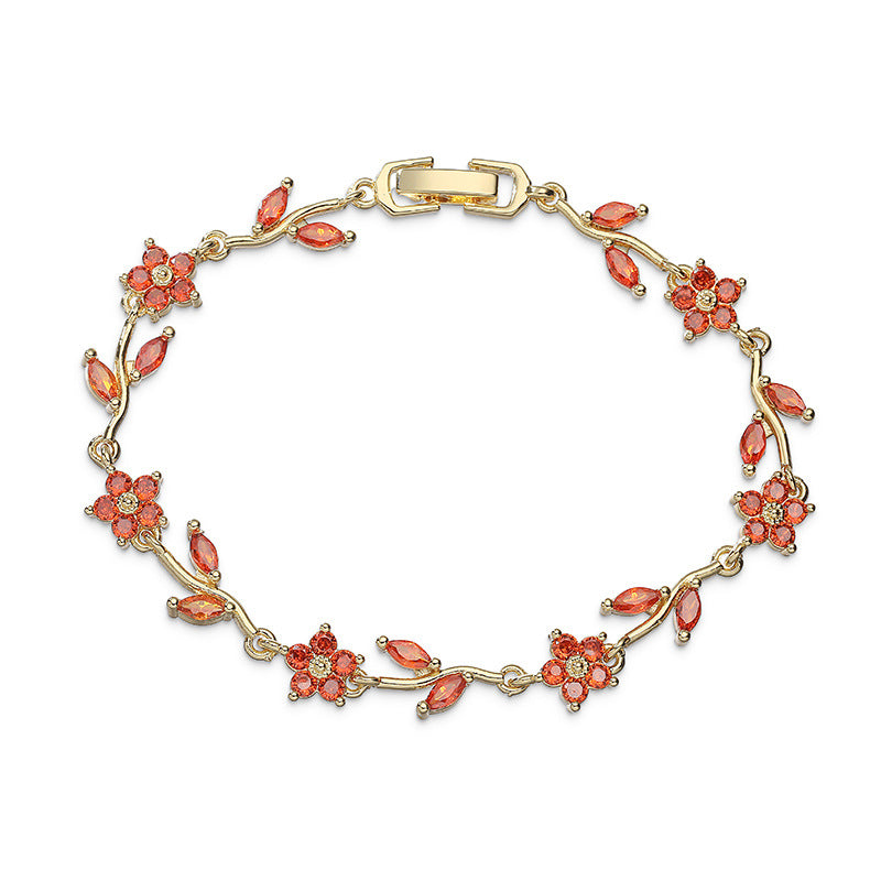 “Camellia Vine” Gold-Tone Brass Multicolor Zircon Flower Bracelet