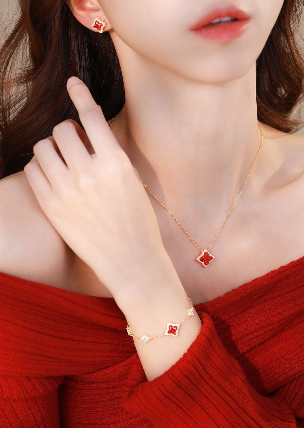 “Stellar Clover” Original Design 925 Sterling Silver Starburst Four-Leaf Clover Jewelry Set