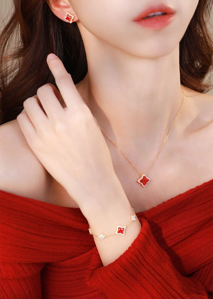 “Stellar Clover” Original Design 925 Sterling Silver Starburst Four-Leaf Clover Jewelry Set