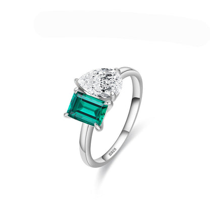 “Emerald Duet” 925 Sterling Silver Two-Stone Zircon Ring