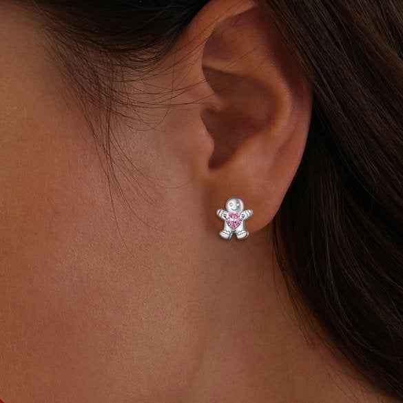 "Gingerbread Sweetheart" 925 Sterling Silver Pink-Heart Stud Earrings