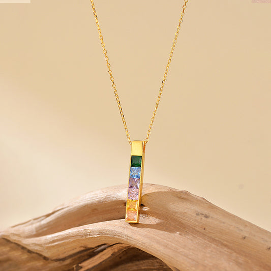 “Prism Column” 925 Sterling Silver Multicolor Zircon Bar Necklace