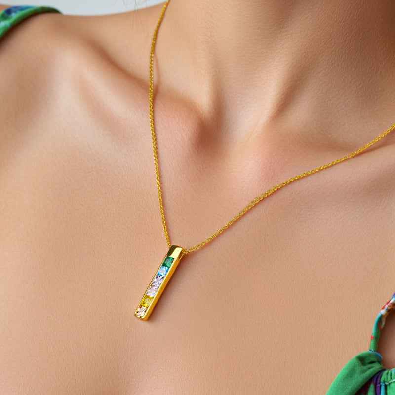 “Prism Column” 925 Sterling Silver Multicolor Zircon Bar Necklace