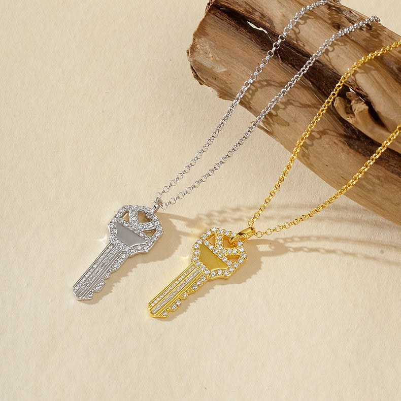 “Key of Power” 925 Sterling Silver Pavé Key Pendant Necklace
