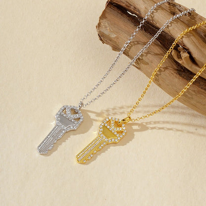“Key of Power” 925 Sterling Silver Pavé Key Pendant Necklace