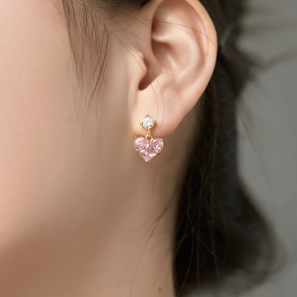 “Pink Prism Heart” S925 Sterling Silver Geometric Heart Zircon Jewelry Set (Necklace & Stud Earrings)