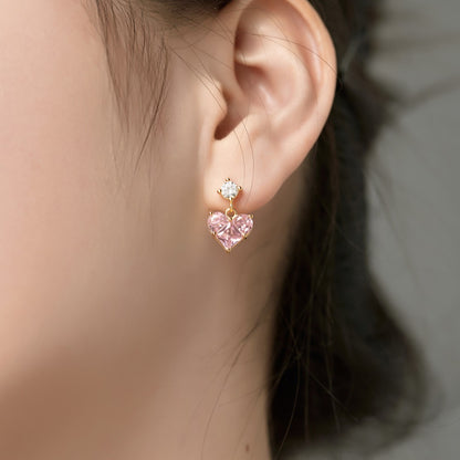 “Pink Prism Heart” S925 Sterling Silver Geometric Heart Zircon Jewelry Set (Necklace & Stud Earrings)