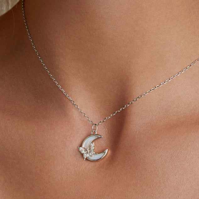 “Nocturne Flutter” 925 Sterling Silver Butterfly Moon Necklace