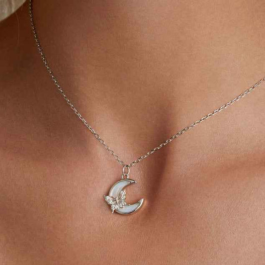 “Nocturne Flutter” 925 Sterling Silver Butterfly Moon Necklace