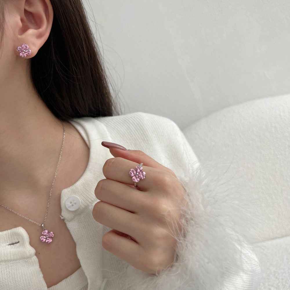 "Sakura Heart" 925 Sterling Silver Pink Zircon Jewelry Set