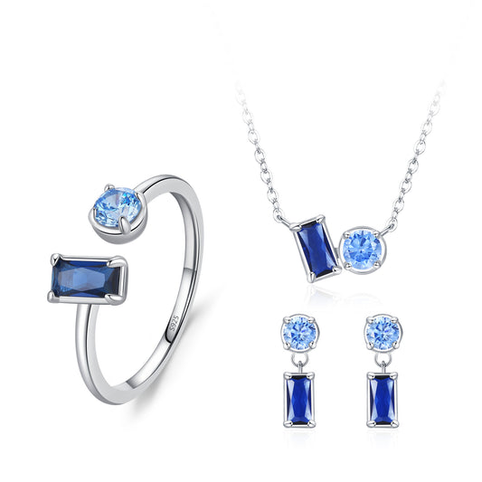 “Sapphire Poise” 925 Sterling Silver Blue Baguette & Round-Cut Jewelry Set