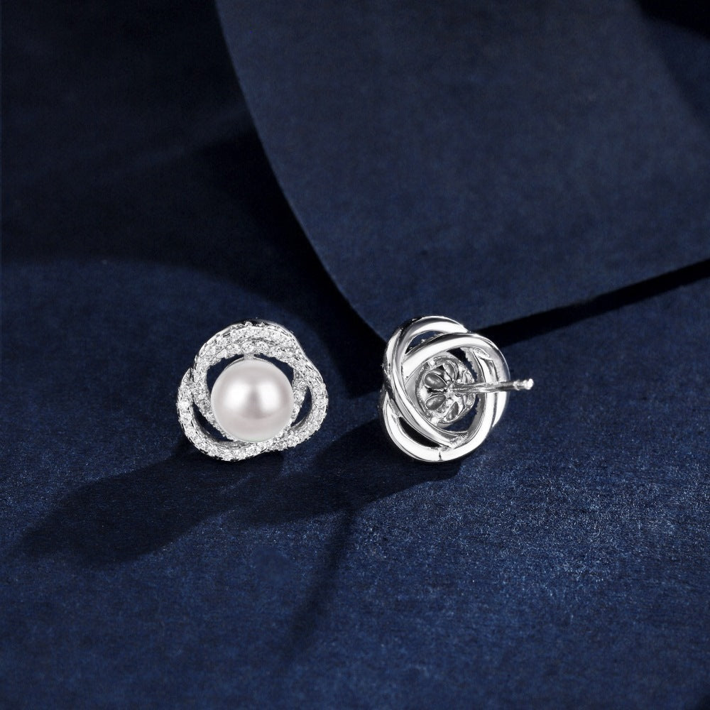 “Pearl Aurelia” 925 Sterling Silver Pearl & Pavé Floral Stud Earrings